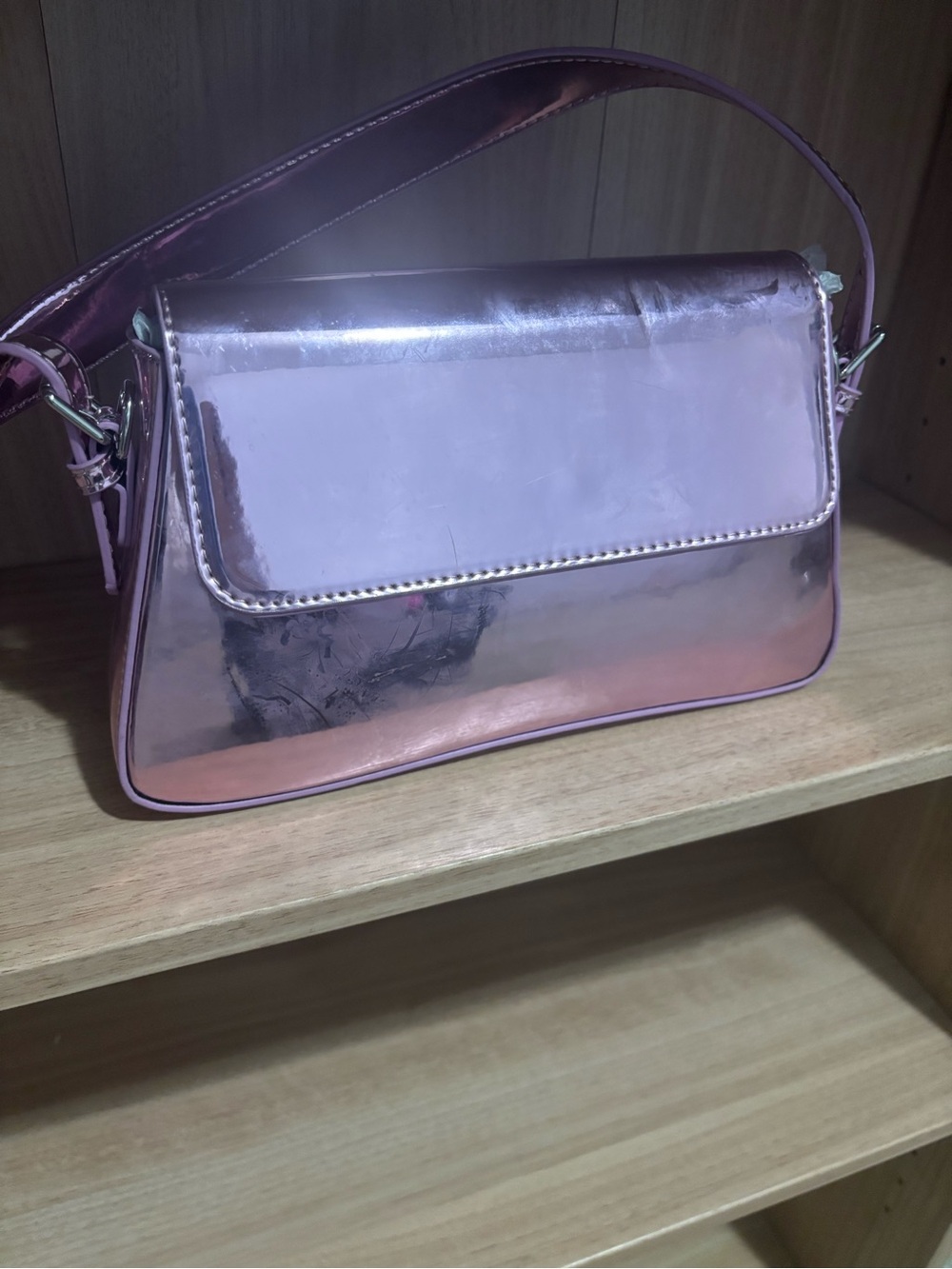 Metallic Pink Shoulder Bag with Flap - Sleek Everyday Style